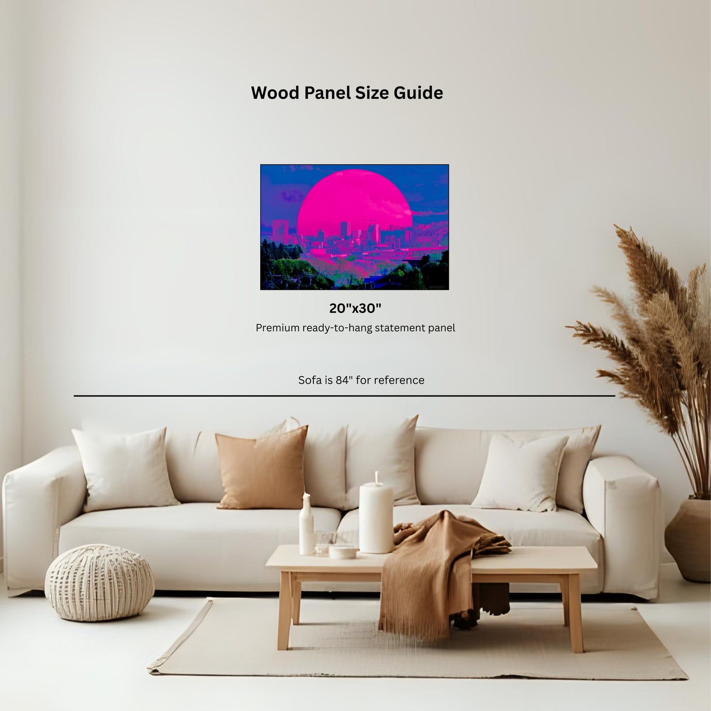 Wood panel wall art size guide showing Portland Love artwork mounted above sofa