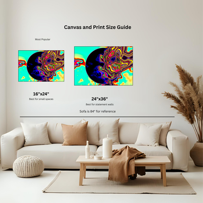 Sunshine Drip abstract art print shown in multiple sizes in modern home setting