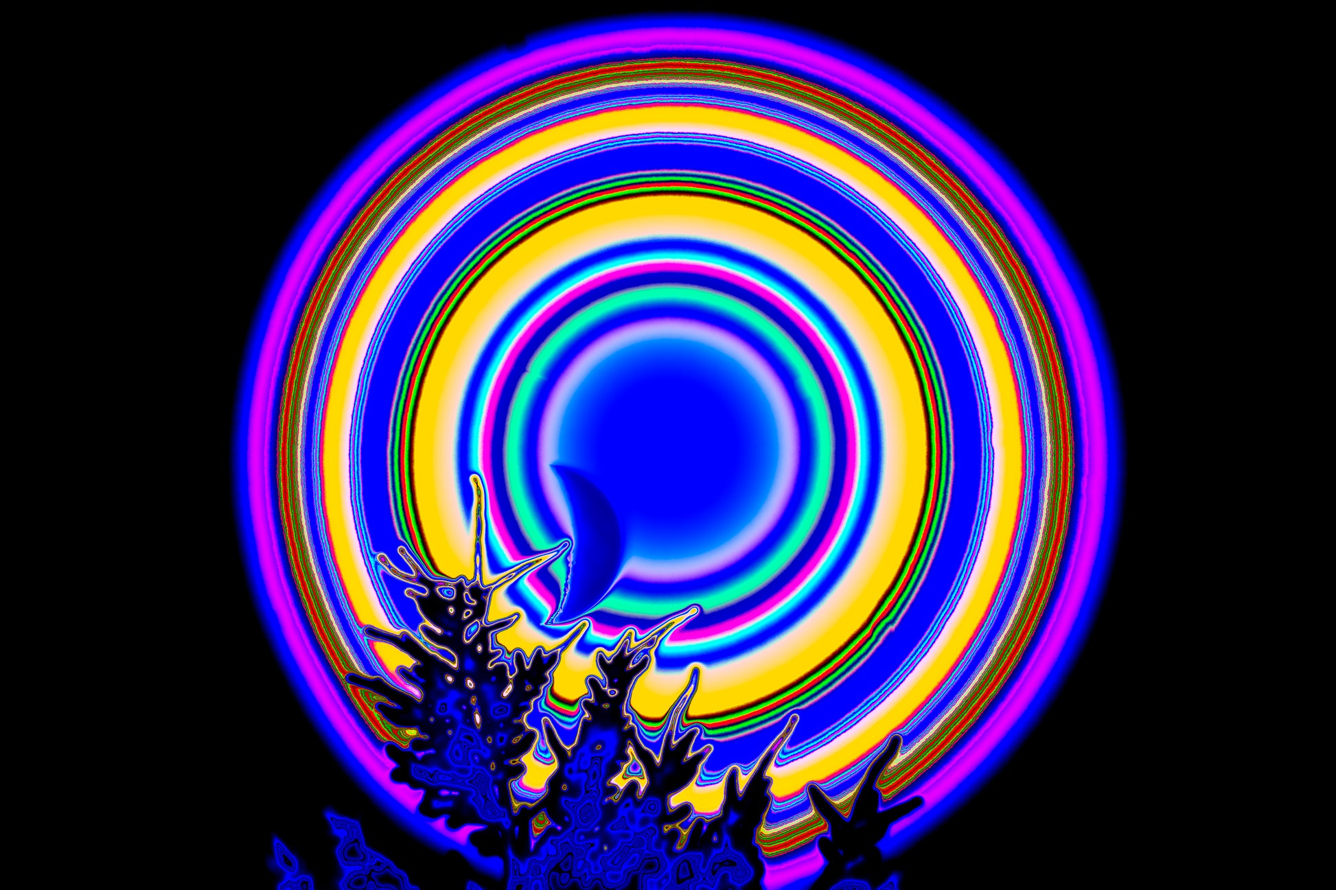 Crying Moon abstract moon wall art print by Offbeat featuring vibrant circular color waves on black background