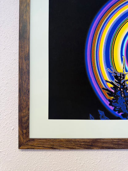 Close-up of Crying Moon framed art print showing vivid color detail and texture