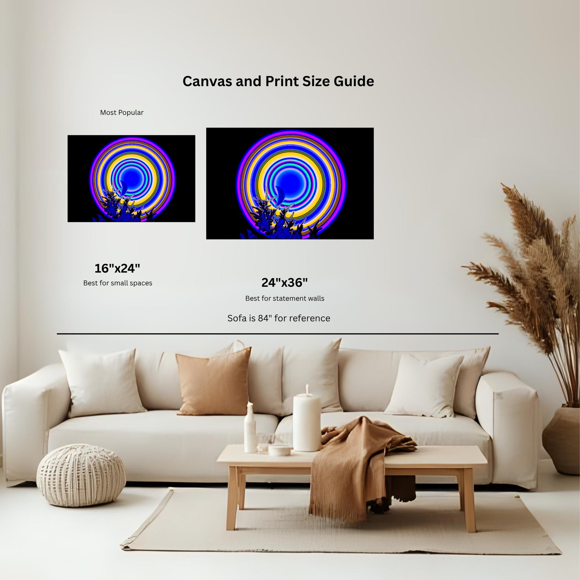 Crying Moon wall art size guide showing 16x24 and 24x36 print and canvas dimensions in living room setting
