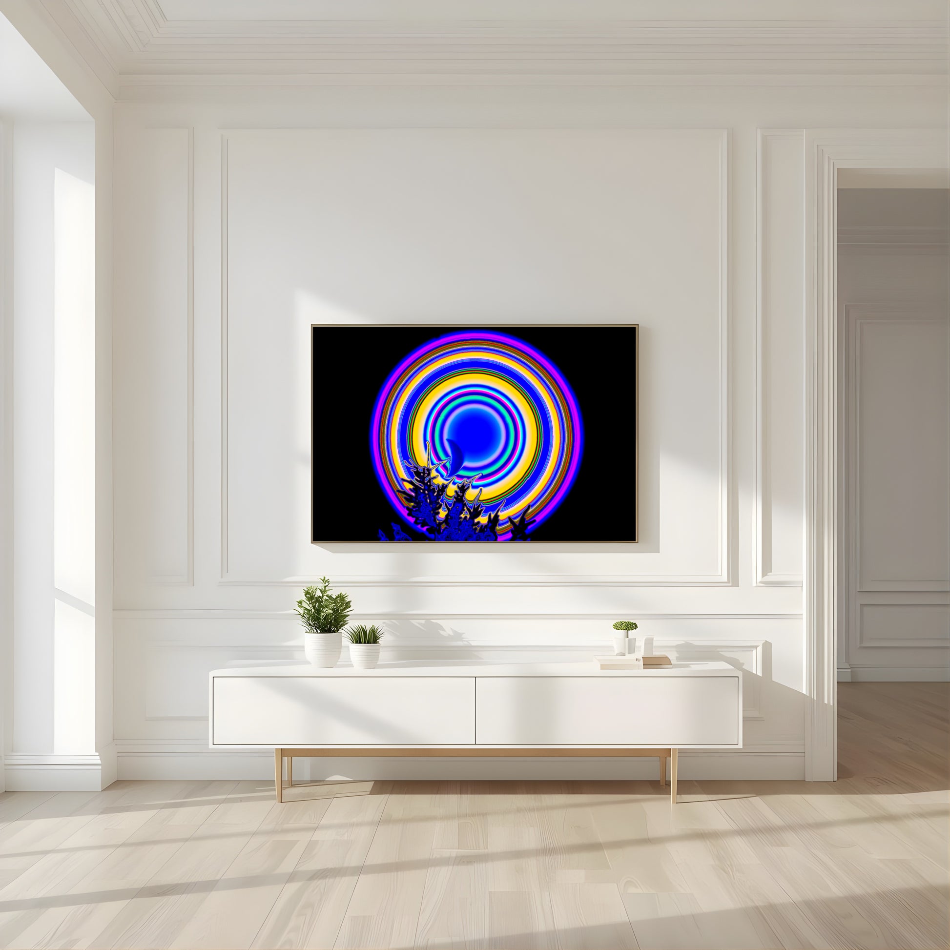 Crying Moon wall art by Offbeat displayed in a modern minimalist living room interior
