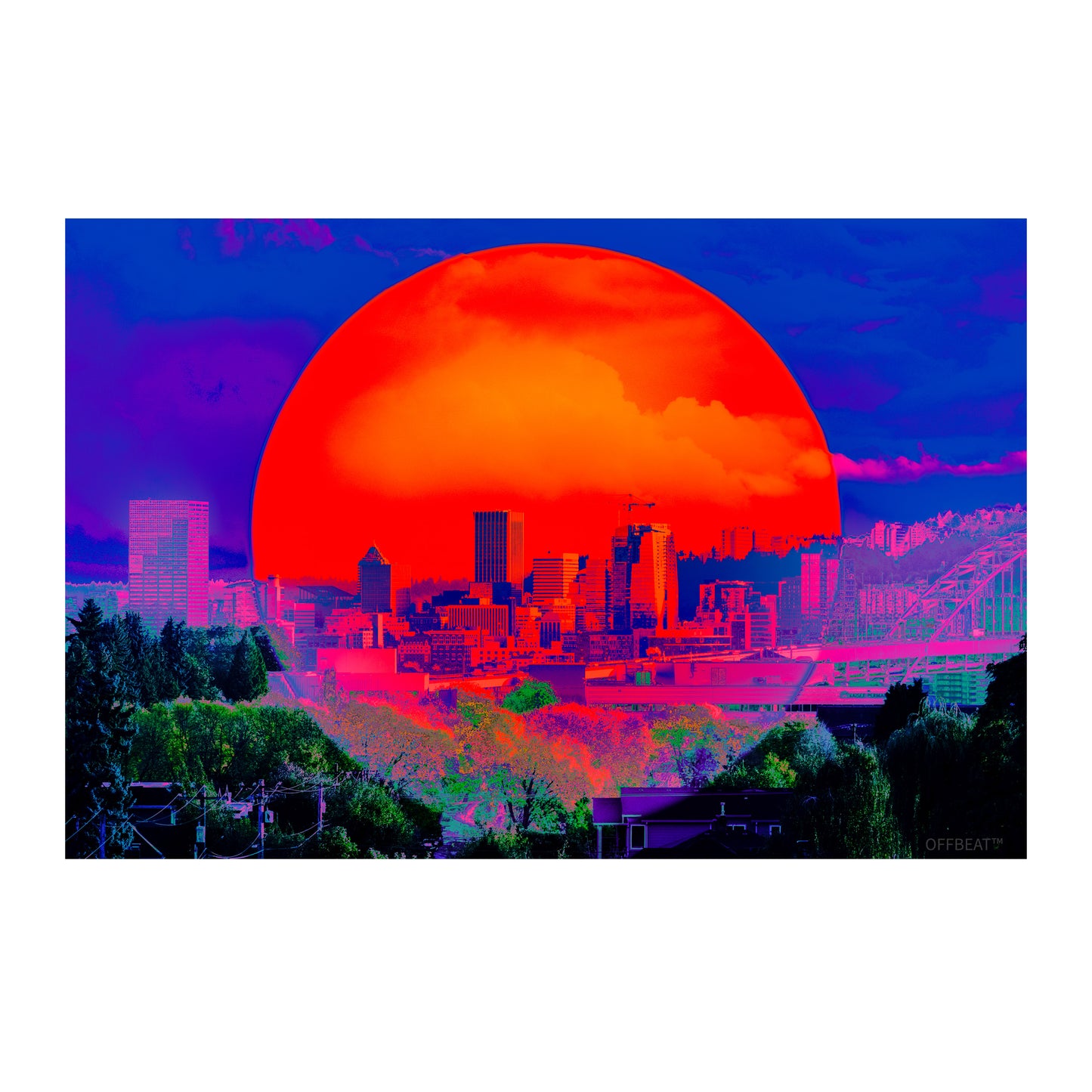 Portland skyline fine art print red neon sun version – Portland Love artwork by Offbeat