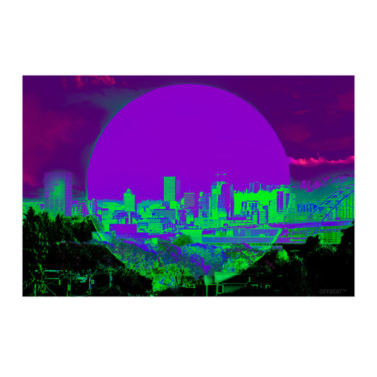 Portland skyline fine art print violet neon sun version – Portland Love artwork by Offbeat