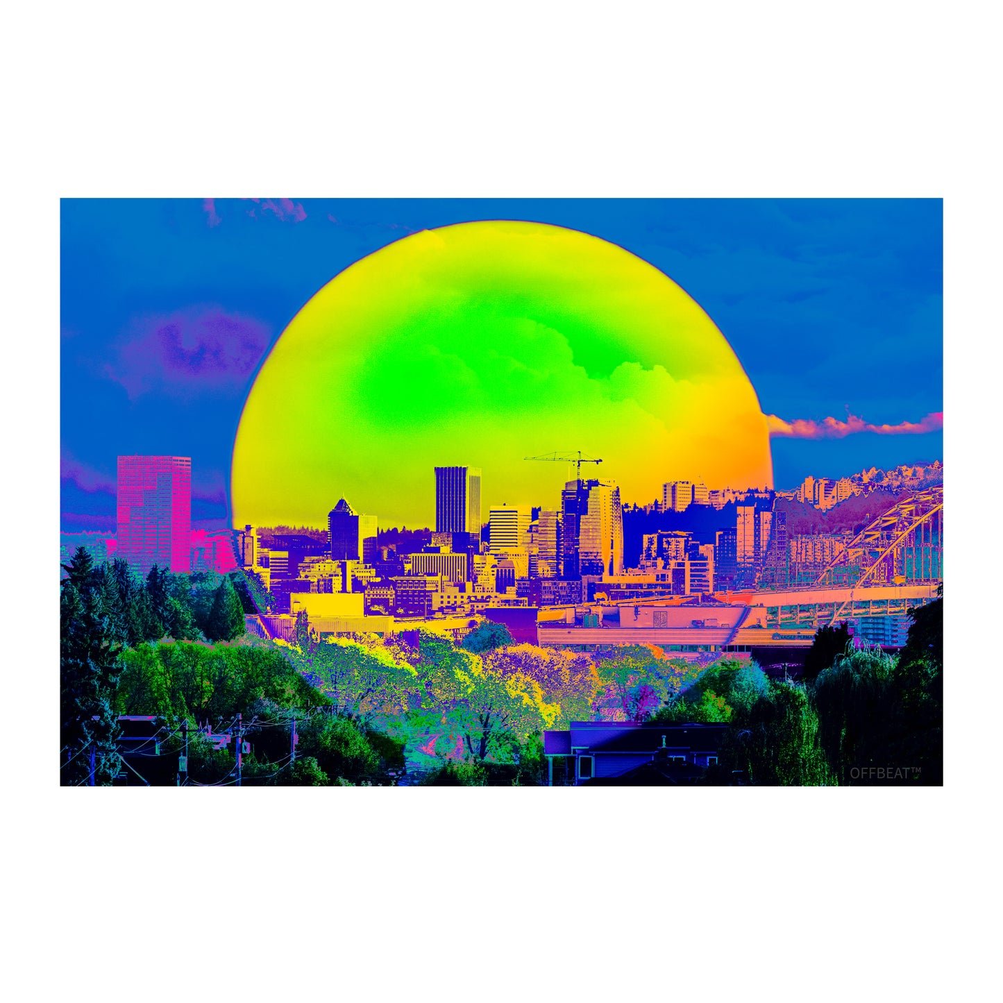 Portland skyline fine art print yellow neon sun version – Portland Love artwork by Offbeat