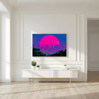 Portland skyline wall art in modern living room – Portland Love fine art print by Offbeat
