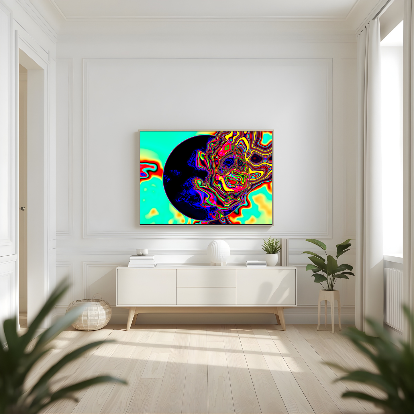 Sunshine Drip abstract wall art in modern living room with neutral decor and large statement print