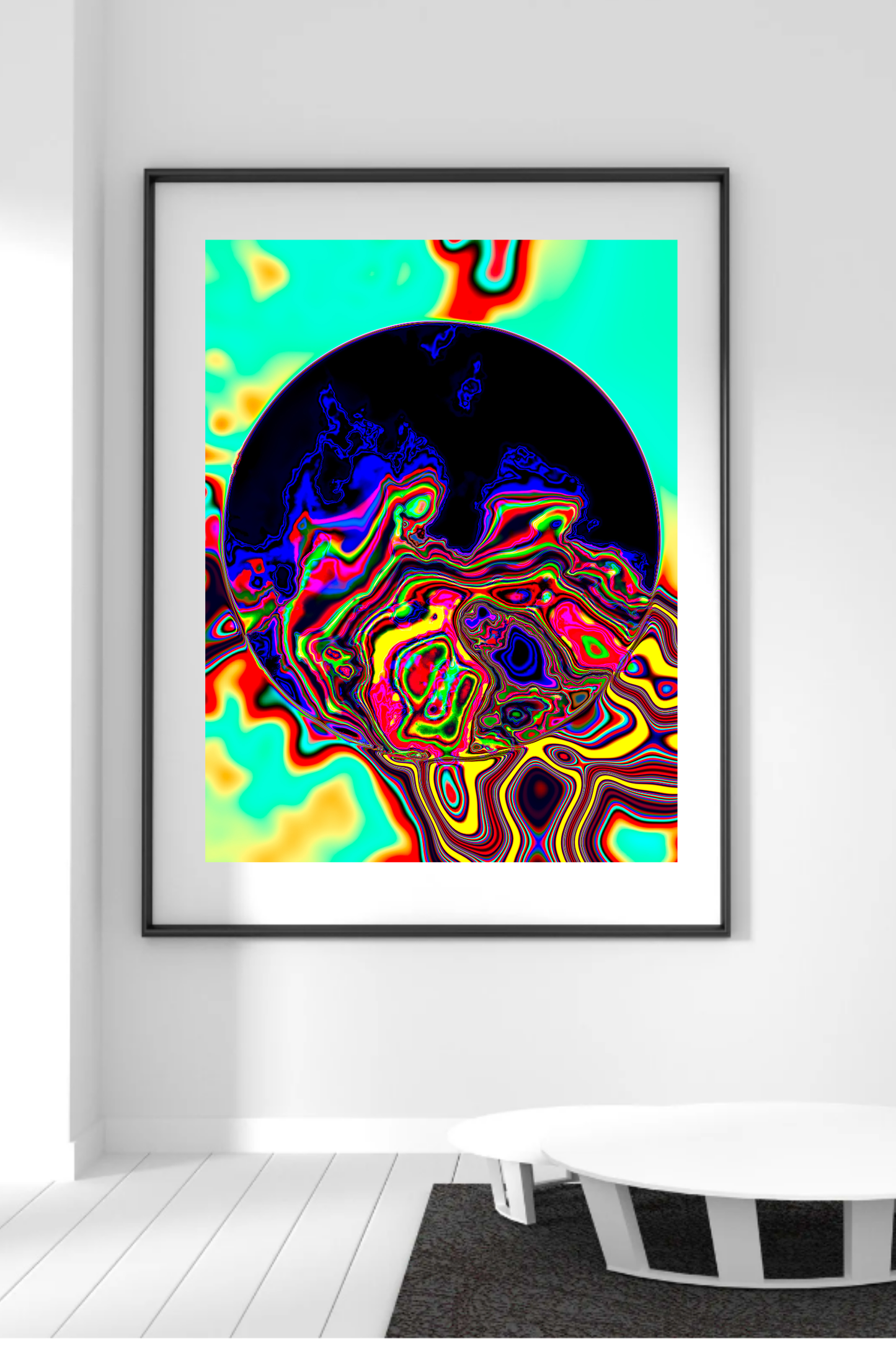 Sunshine Drip colorful abstract art print in vertical frame on minimalist wall